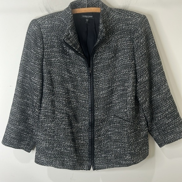 EILEEN FISHER Black White Tweed Zippered Leather Trim Jacket Size Petite Large - Picture 15 of 16